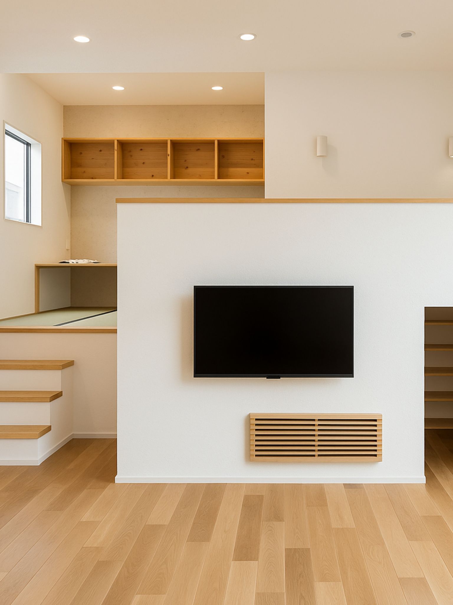 ゆったりと家族時間を過ごす、タイルデッキのある中庭